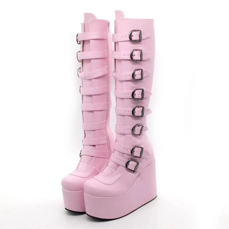 MOMO GOTHIC MARTINA BELT BUCKLE PUNK WEDGED PLATFORM BOOTIES