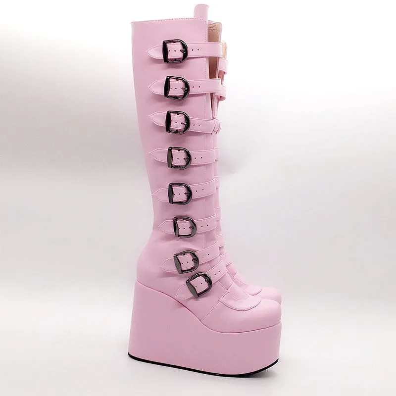 MOMO GOTHIC MARTINA BELT BUCKLE PUNK WEDGED PLATFORM BOOTIES
