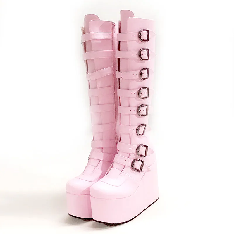 MOMO GOTHIC MARTINA BELT BUCKLE PUNK WEDGED PLATFORM BOOTIES