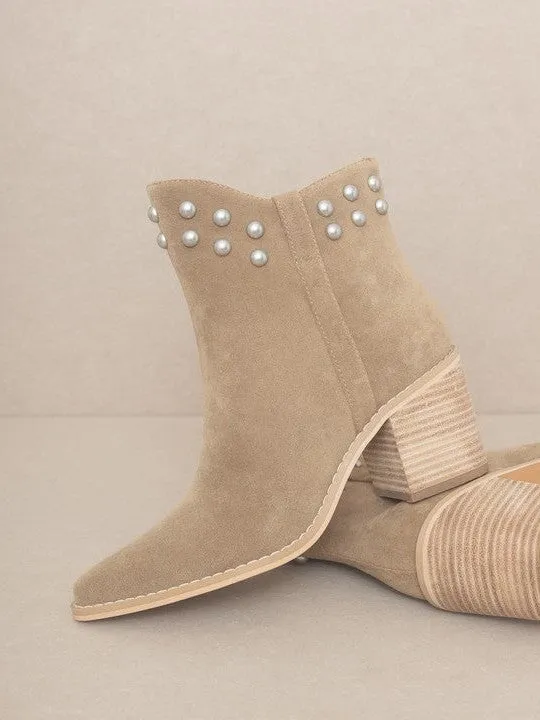 OASIS SOCIETY Taupe and Pearls Alofi - Pearl Collar Booties