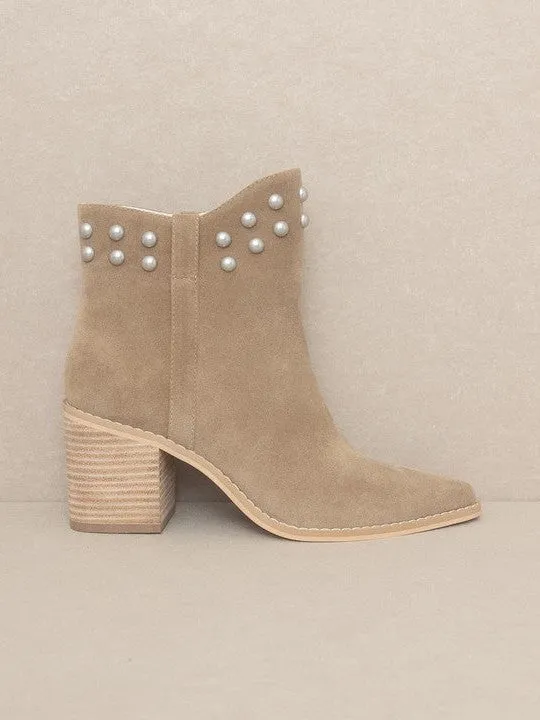 OASIS SOCIETY Taupe and Pearls Alofi - Pearl Collar Booties
