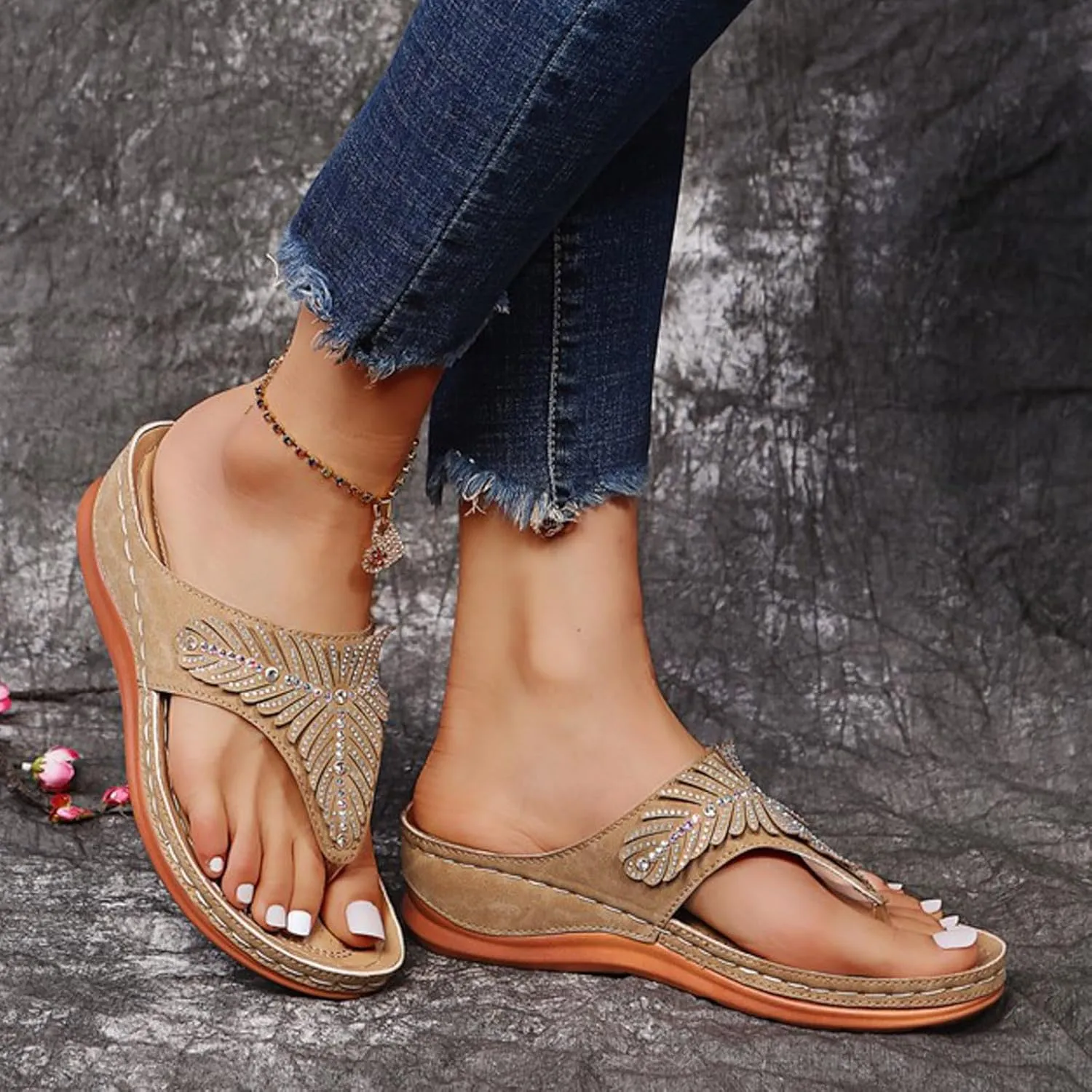 peqiut Sandals for Women Rhinestones Beach Flip Flops Slippers Summer Breathable Wedge Wide Width Ladies Sandals Women