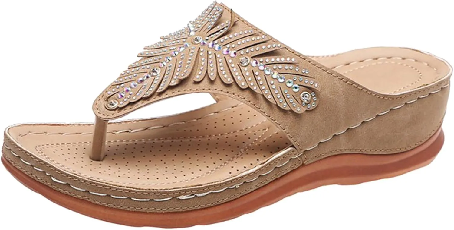 peqiut Sandals for Women Rhinestones Beach Flip Flops Slippers Summer Breathable Wedge Wide Width Ladies Sandals Women