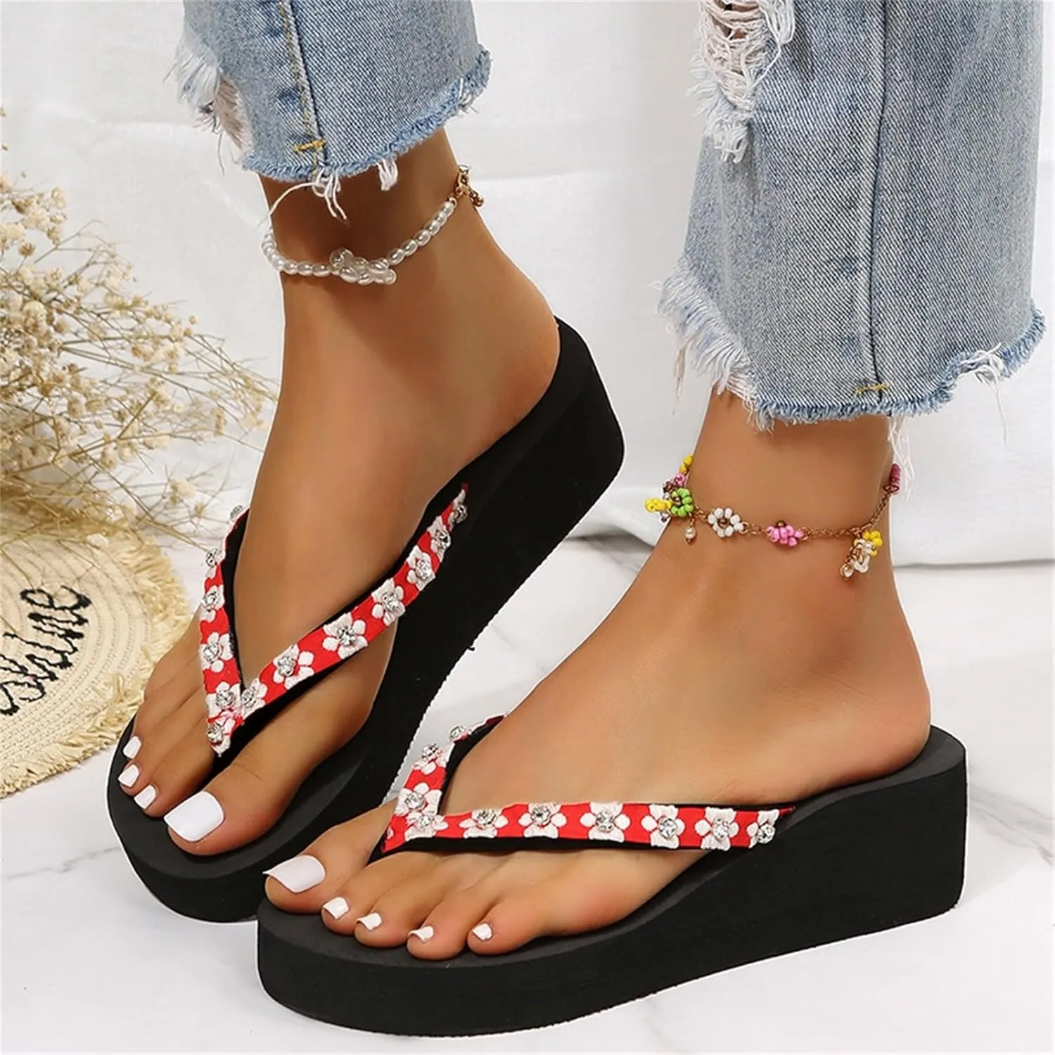 Slippers for Women Elegant Rhinestone Bow Sandals Summer Beach Sandals Open Toe Slip on Outdoor Slippers