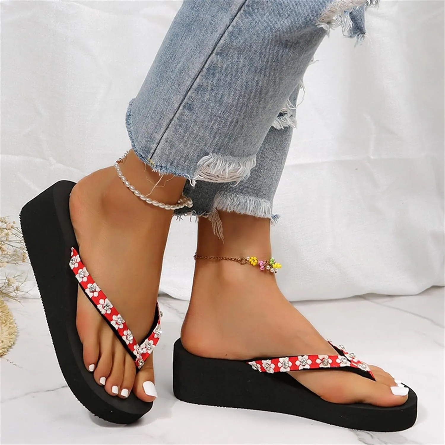 Slippers for Women Elegant Rhinestone Bow Sandals Summer Beach Sandals Open Toe Slip on Outdoor Slippers
