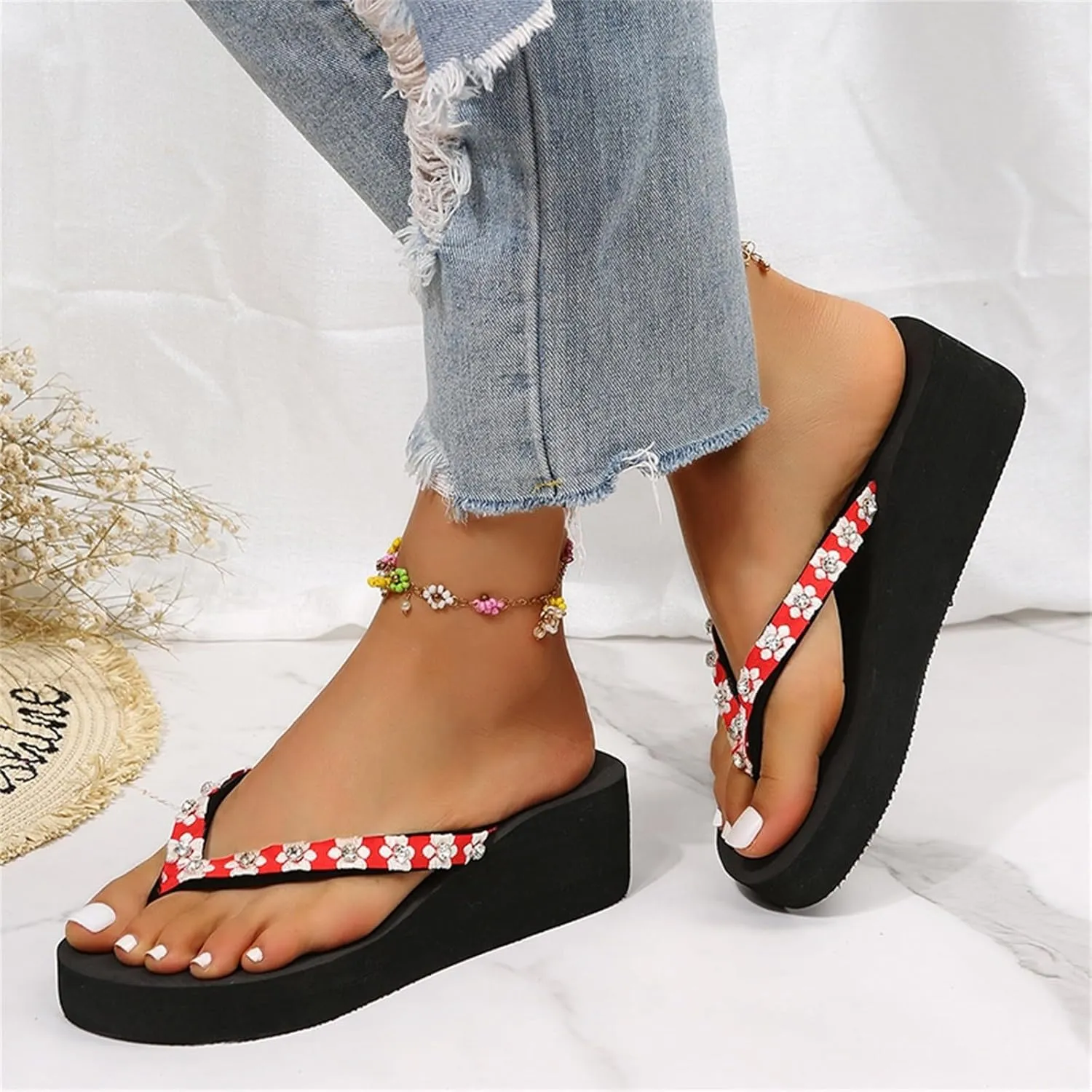 Slippers for Women Elegant Rhinestone Bow Sandals Summer Beach Sandals Open Toe Slip on Outdoor Slippers