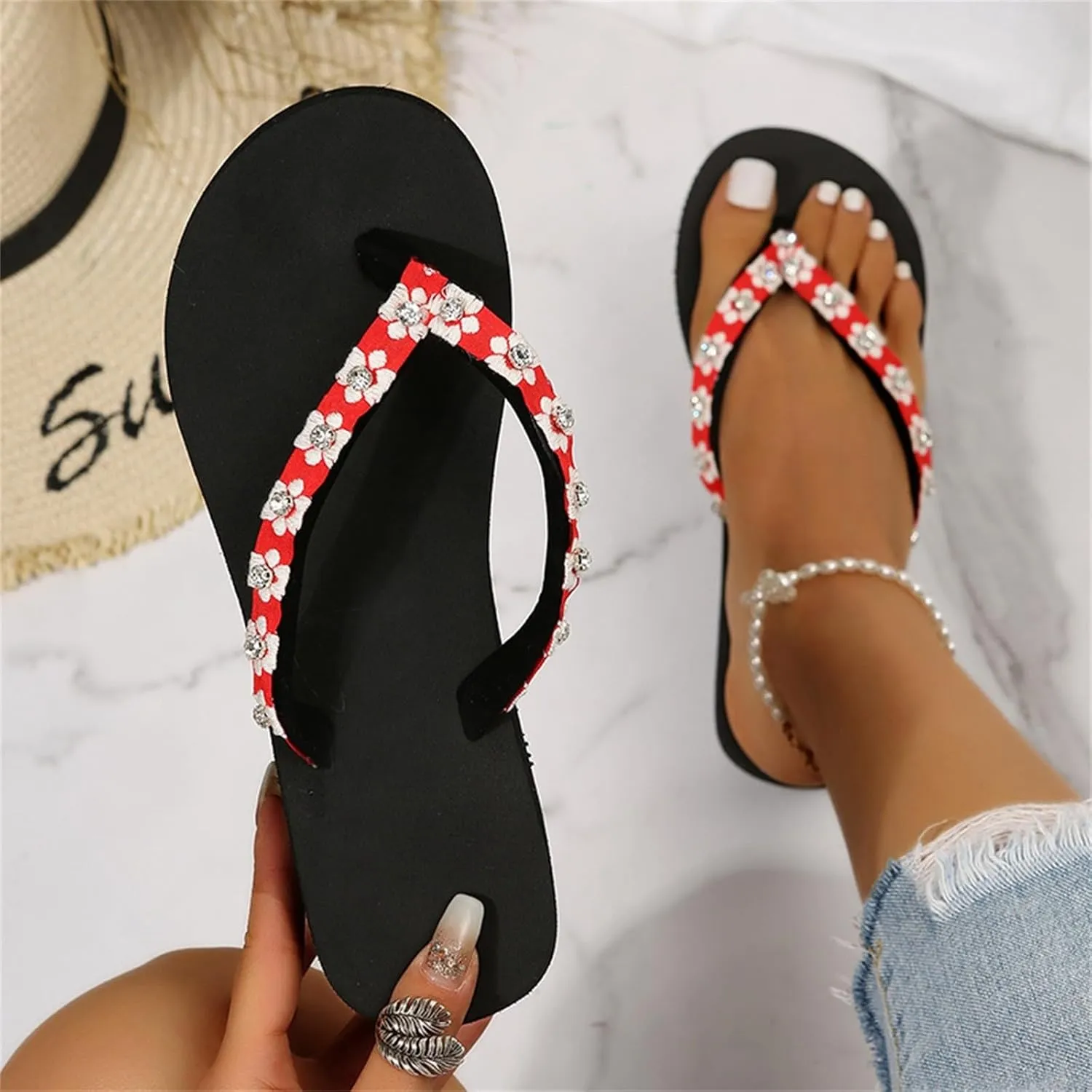 Slippers for Women Elegant Rhinestone Bow Sandals Summer Beach Sandals Open Toe Slip on Outdoor Slippers