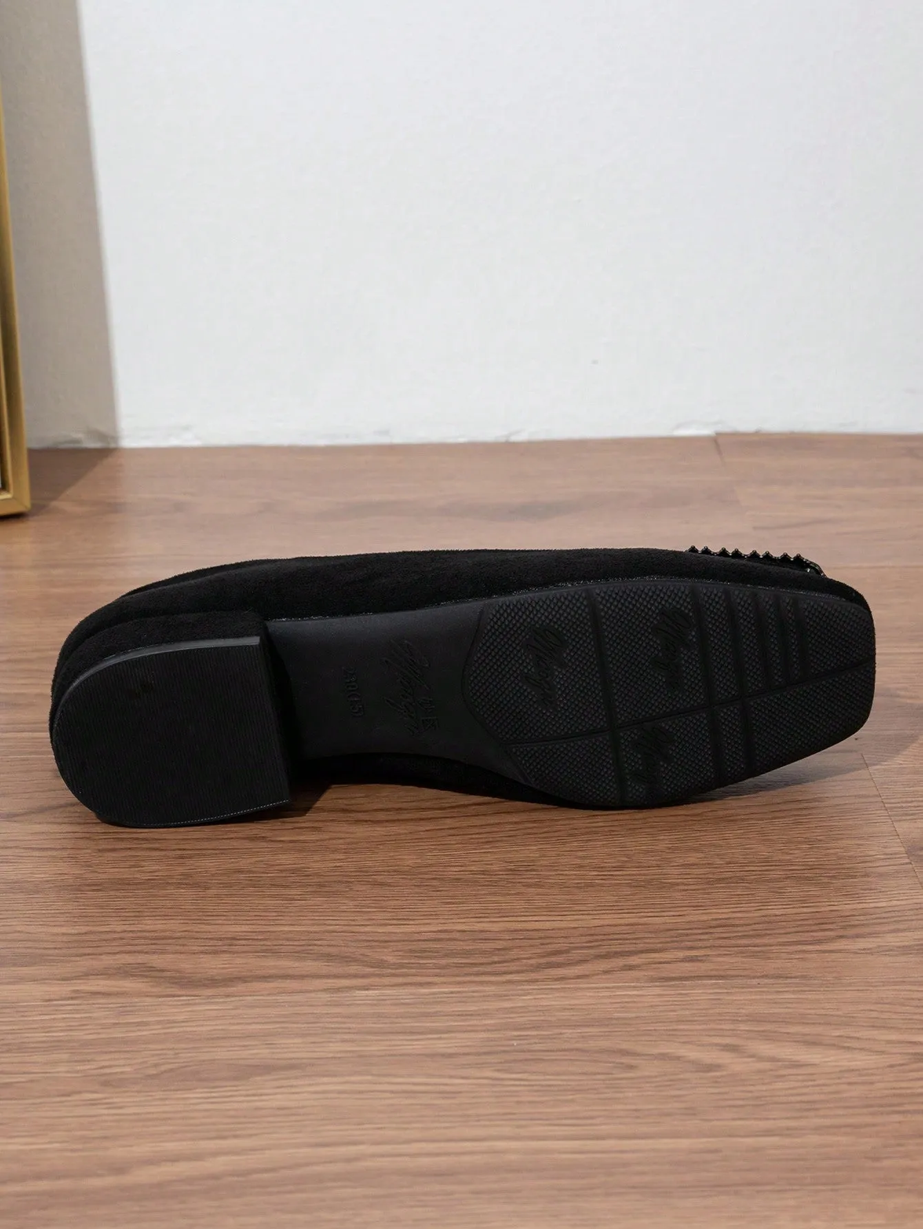 Square Toe Suedette Flats,Women's Square Toe Simple Square Buckle Flat Shoes, Solid Color Black Deep Mouth Square Toe Thick And Short Heel Mules, Four Seasons Suede Flat Shoes