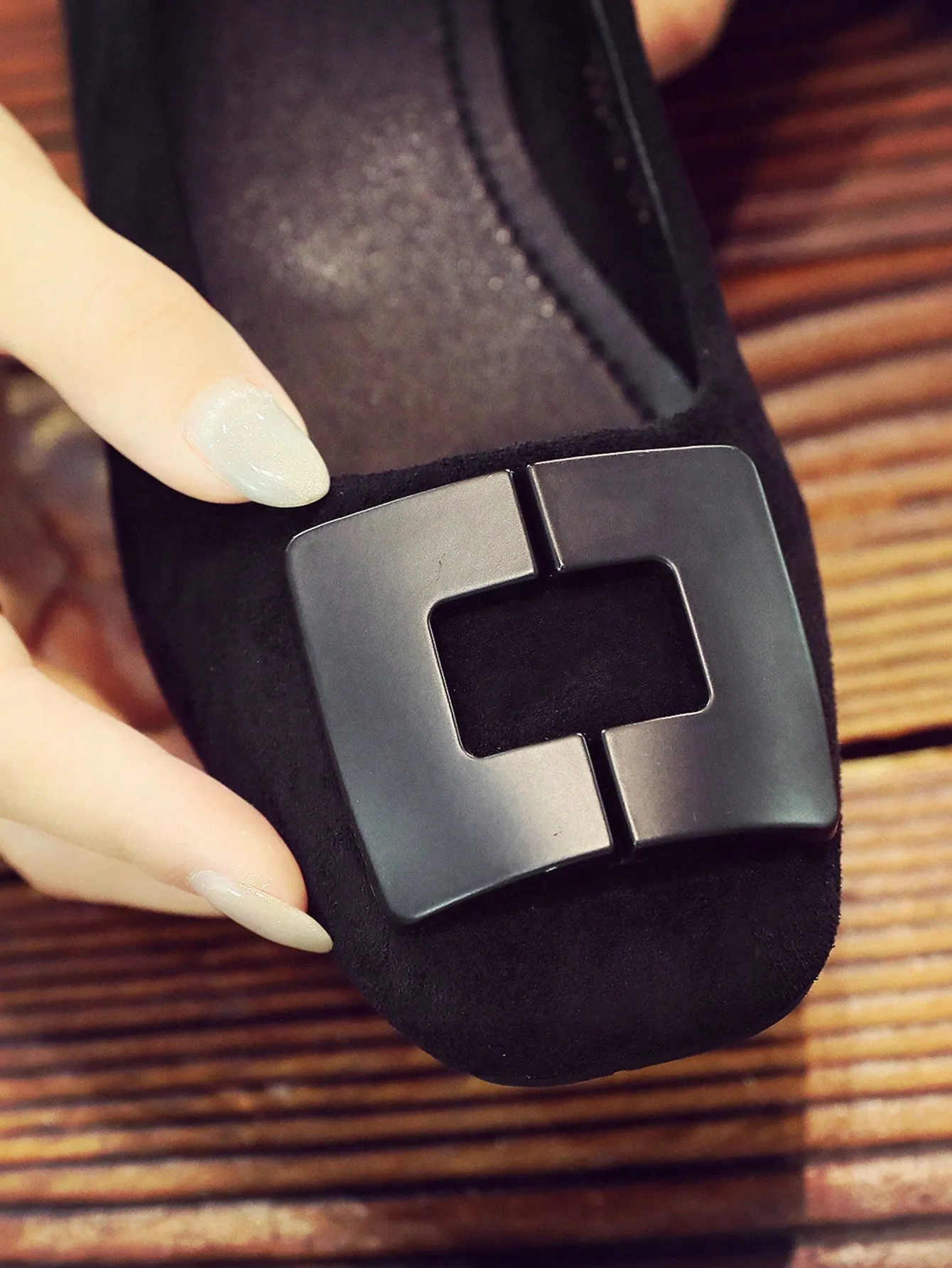 Square Toe Suedette Flats,Women's Square Toe Simple Square Buckle Flat Shoes, Solid Color Black Deep Mouth Square Toe Thick And Short Heel Mules, Four Seasons Suede Flat Shoes