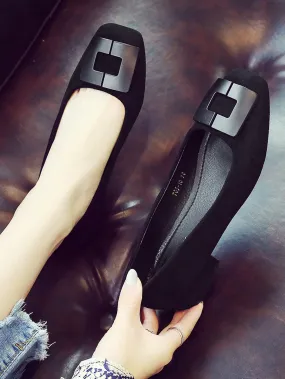 Square Toe Suedette Flats,Women's Square Toe Simple Square Buckle Flat Shoes, Solid Color Black Deep Mouth Square Toe Thick And Short Heel Mules, Four Seasons Suede Flat Shoes
