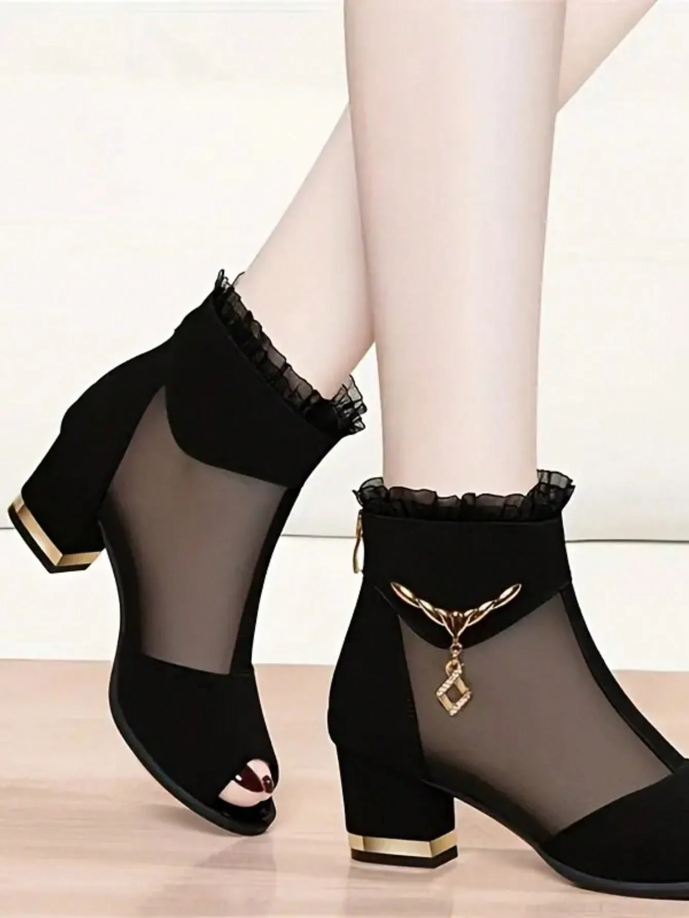 Summer Breathable Mesh High Heel Sandals, Comfortable Chunky Heel Open Toe Women Shoes, Fashionable Zipper Design Elegant Ladies Dress Shoes