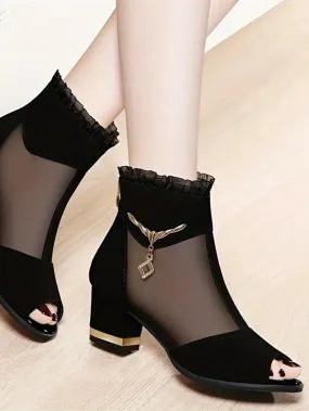 Summer Breathable Mesh High Heel Sandals, Comfortable Chunky Heel Open Toe Women Shoes, Fashionable Zipper Design Elegant Ladies Dress Shoes
