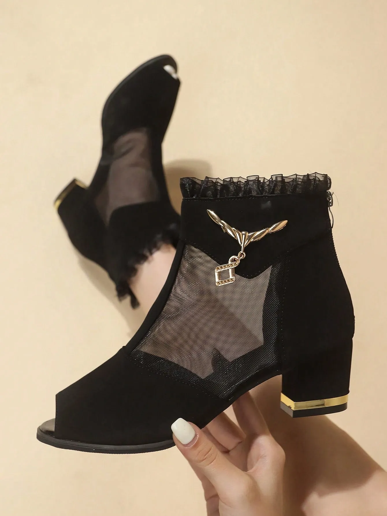 Summer Breathable Mesh High Heel Sandals, Comfortable Chunky Heel Open Toe Women Shoes, Fashionable Zipper Design Elegant Ladies Dress Shoes