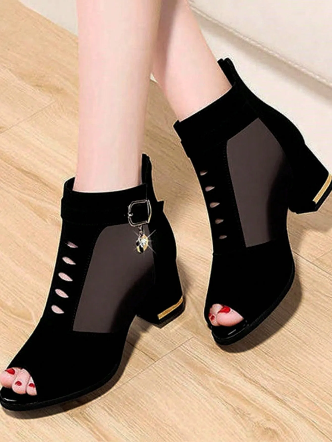 Summer Breathable Mesh High Heel Sandals, Comfortable Chunky Heel Open Toe Women Shoes, Fashionable Zipper Design Elegant Ladies Dress Shoes