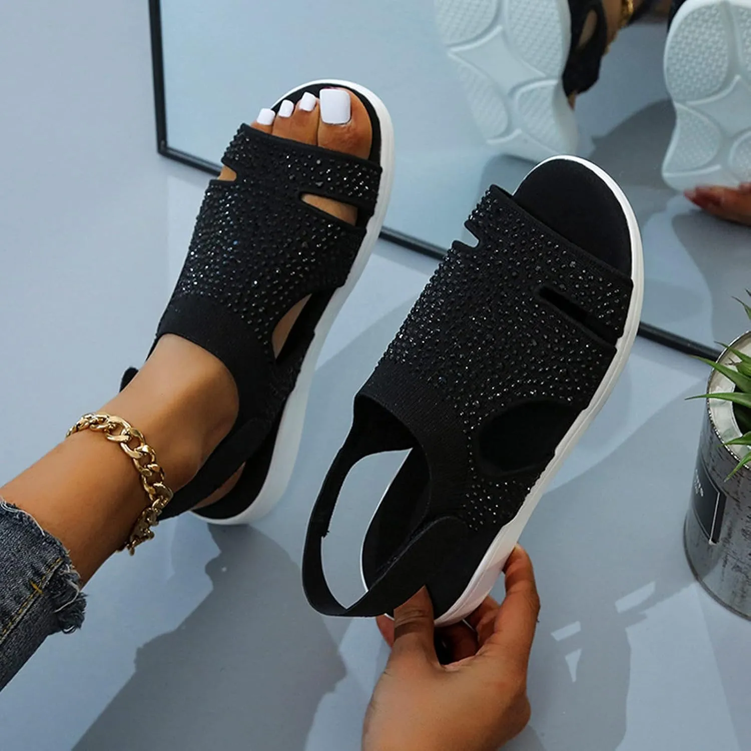 Summer Flats for Women 2025 Comfortable Air Cushion Support Walking Sandals Breathable Knit Slingback Platform Shoes