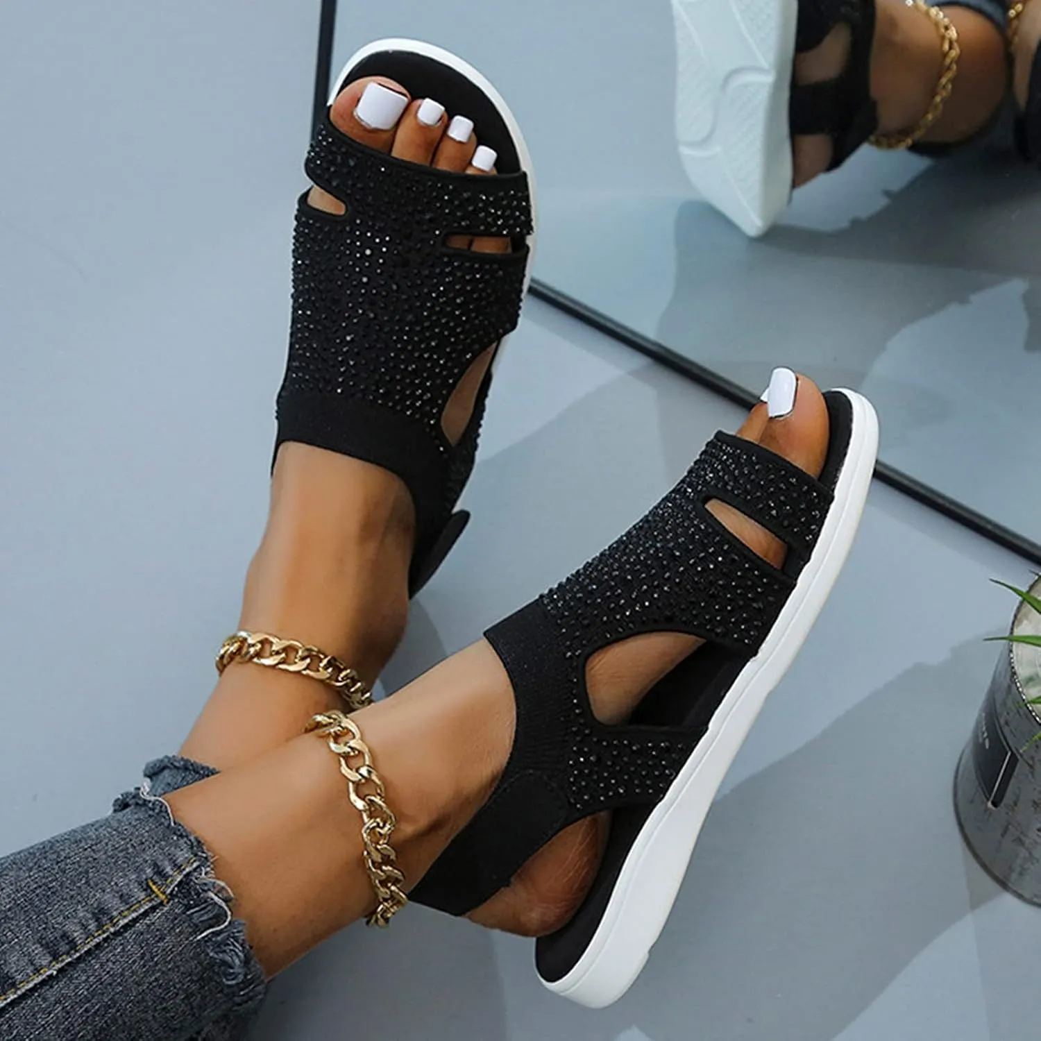 Summer Flats for Women 2025 Comfortable Air Cushion Support Walking Sandals Breathable Knit Slingback Platform Shoes