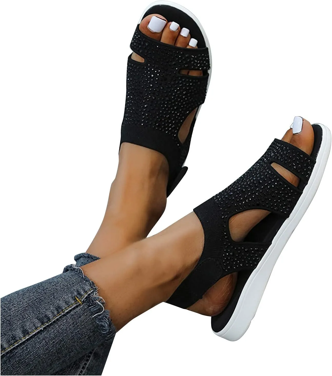 Summer Flats for Women 2025 Comfortable Air Cushion Support Walking Sandals Breathable Knit Slingback Platform Shoes