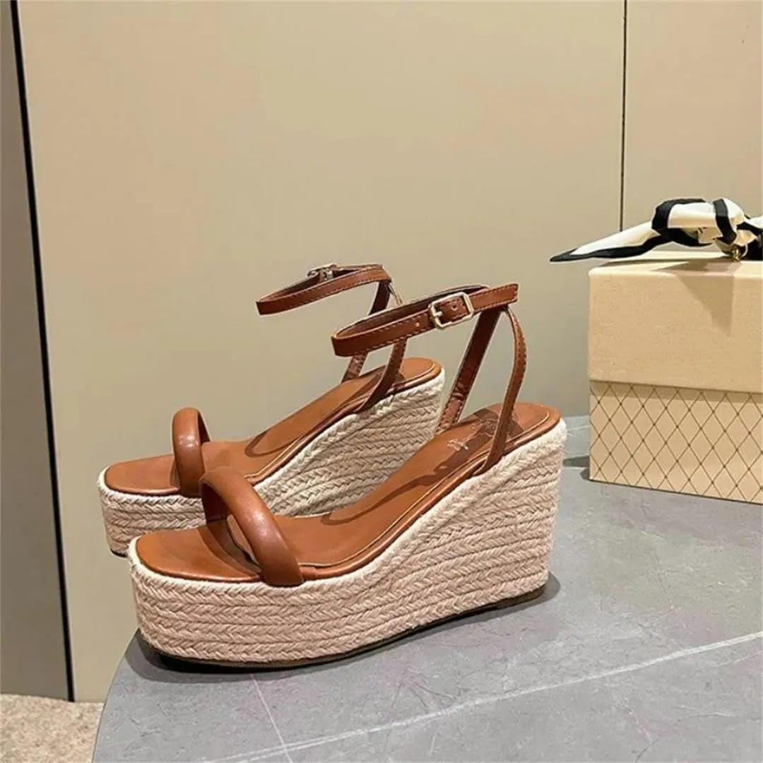 Women Summer Buckle Square Hemp Wedge Sandals Thin Belt Braided Platform High Heel Shoes For Women