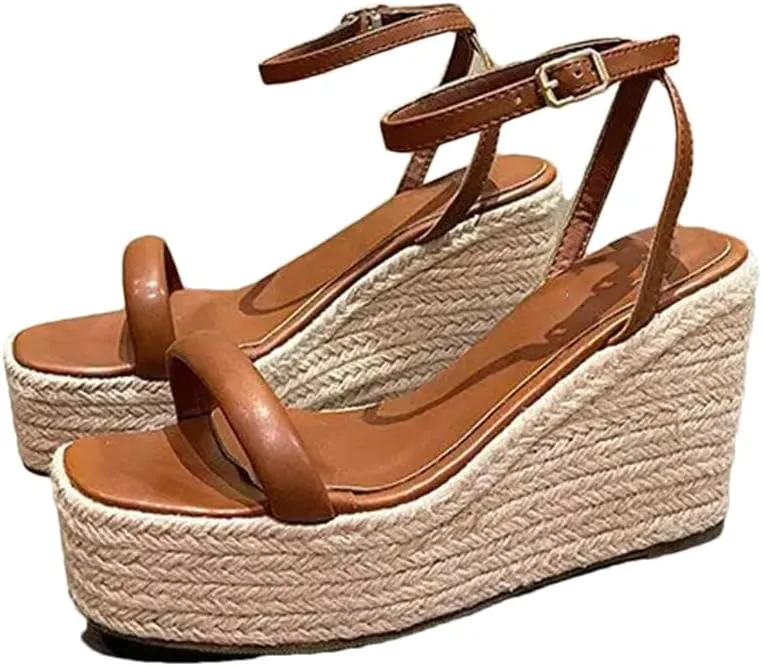 Women Summer Buckle Square Hemp Wedge Sandals Thin Belt Braided Platform High Heel Shoes For Women