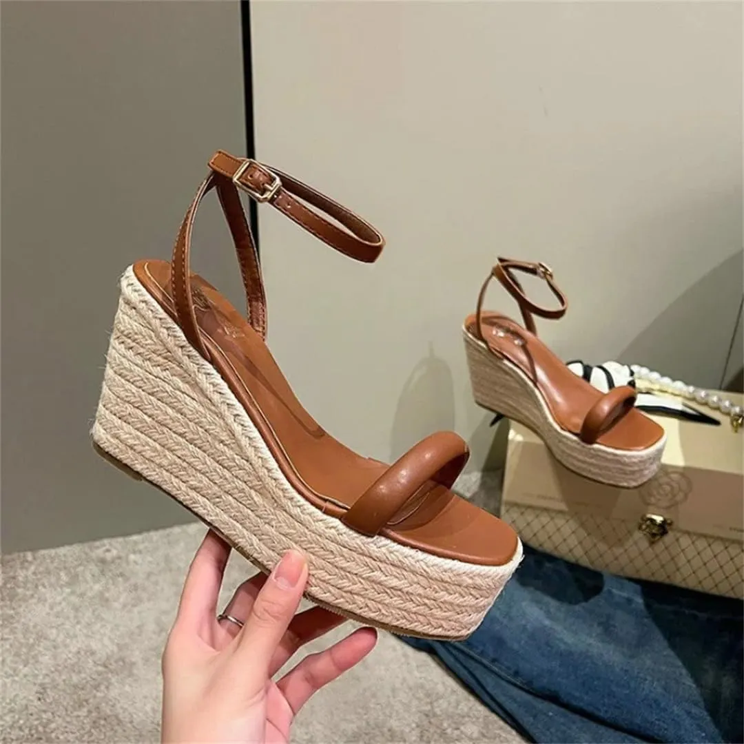 Women Summer Buckle Square Hemp Wedge Sandals Thin Belt Braided Platform High Heel Shoes For Women