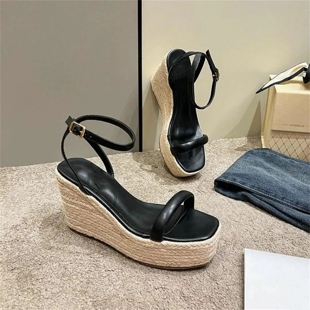 Women Summer Buckle Square Hemp Wedge Sandals Thin Belt Braided Platform High Heel Shoes For Women