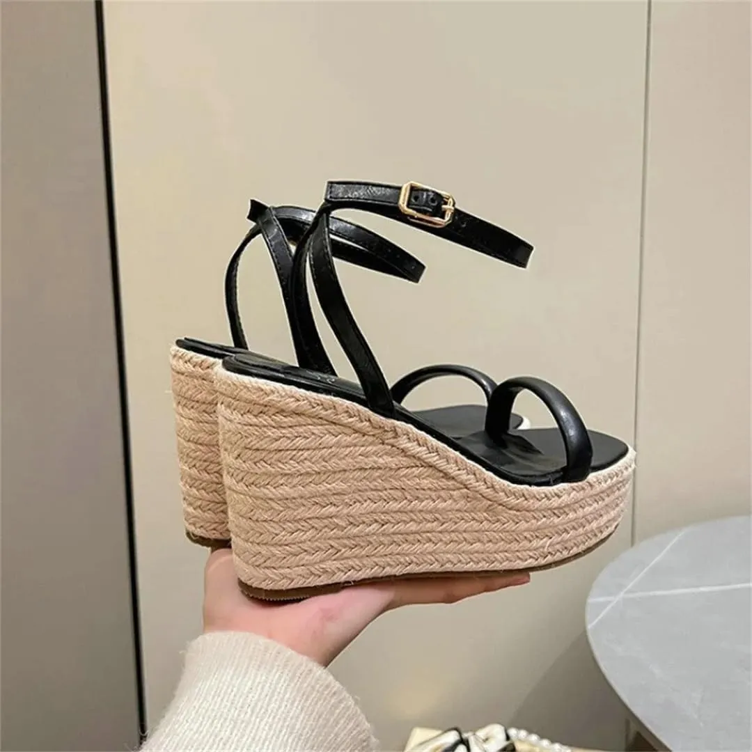 Women Summer Buckle Square Hemp Wedge Sandals Thin Belt Braided Platform High Heel Shoes For Women