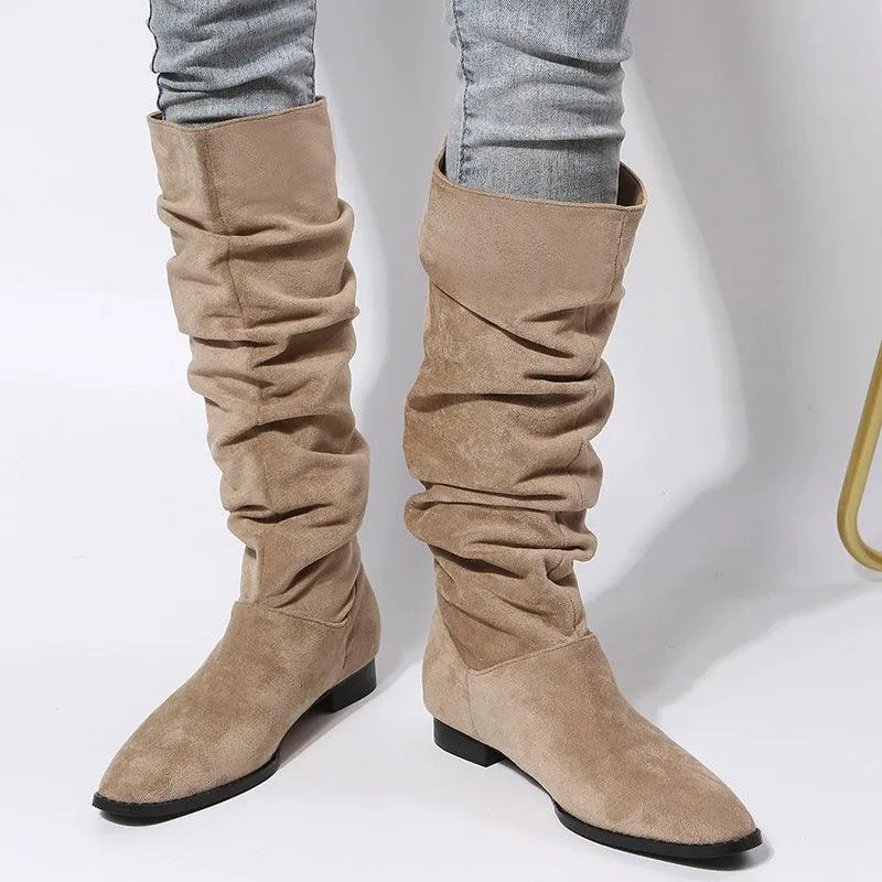 Women’s Faux Suede High-Tube Boots - Pointed Toe, Flat Heel