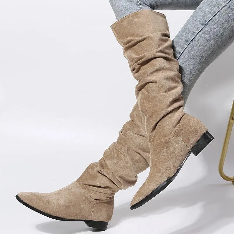 Women’s Faux Suede High-Tube Boots - Pointed Toe, Flat Heel
