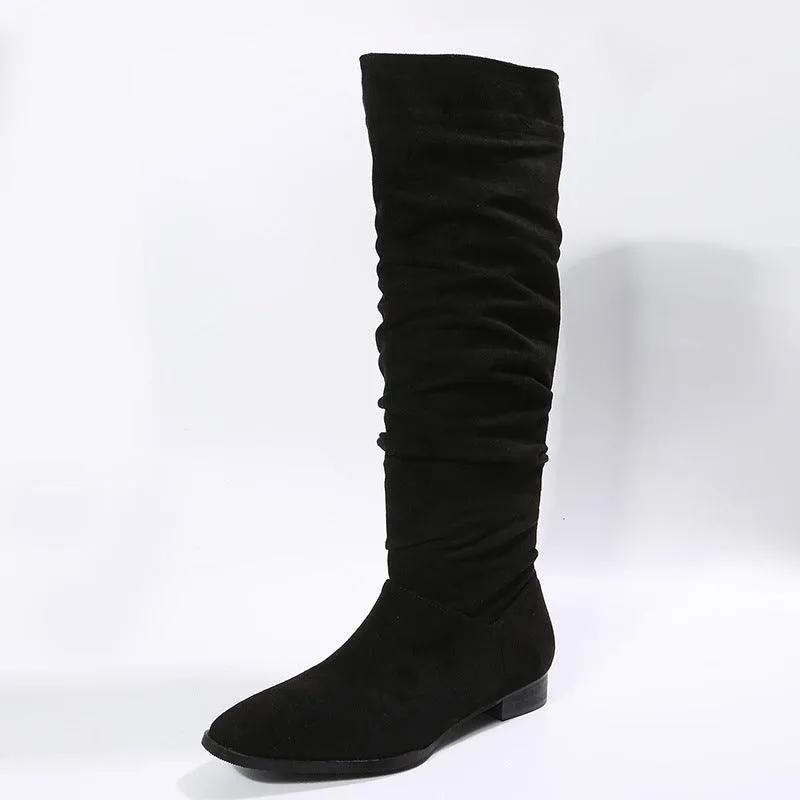 Women’s Faux Suede High-Tube Boots - Pointed Toe, Flat Heel