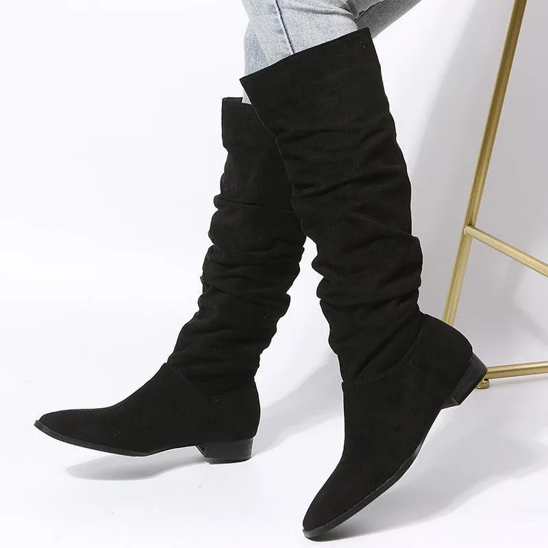 Women’s Faux Suede High-Tube Boots - Pointed Toe, Flat Heel