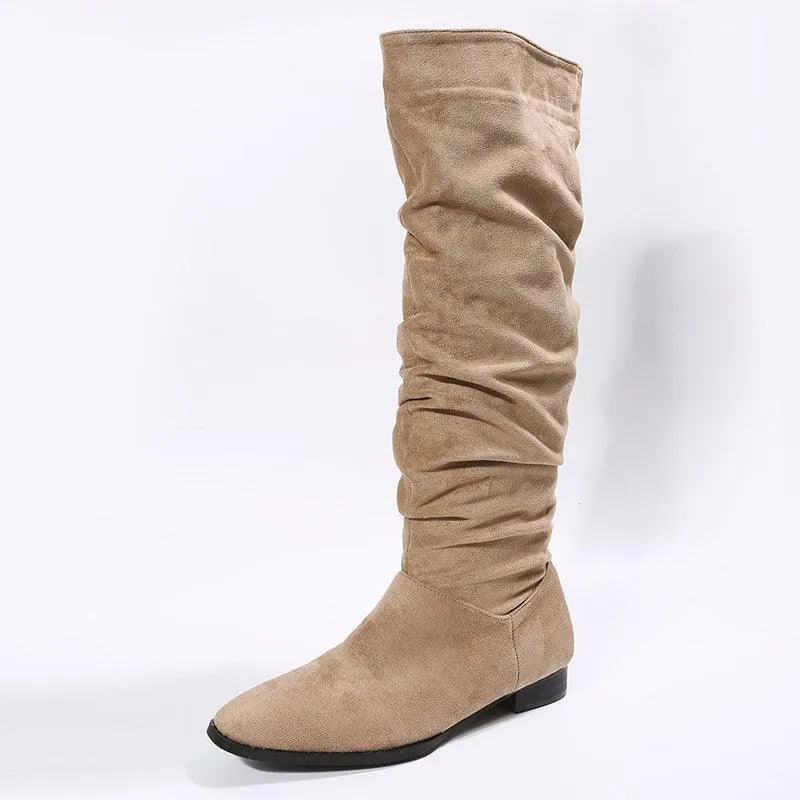 Women’s Faux Suede High-Tube Boots - Pointed Toe, Flat Heel