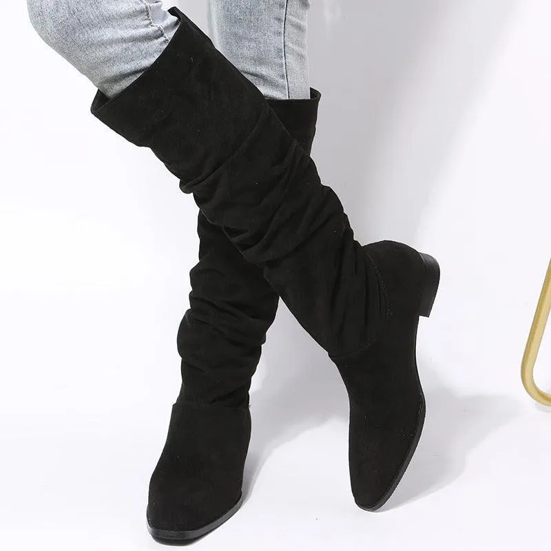 Women’s Faux Suede High-Tube Boots - Pointed Toe, Flat Heel
