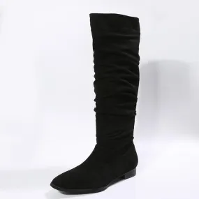 Women’s Faux Suede High-Tube Boots - Pointed Toe, Flat Heel