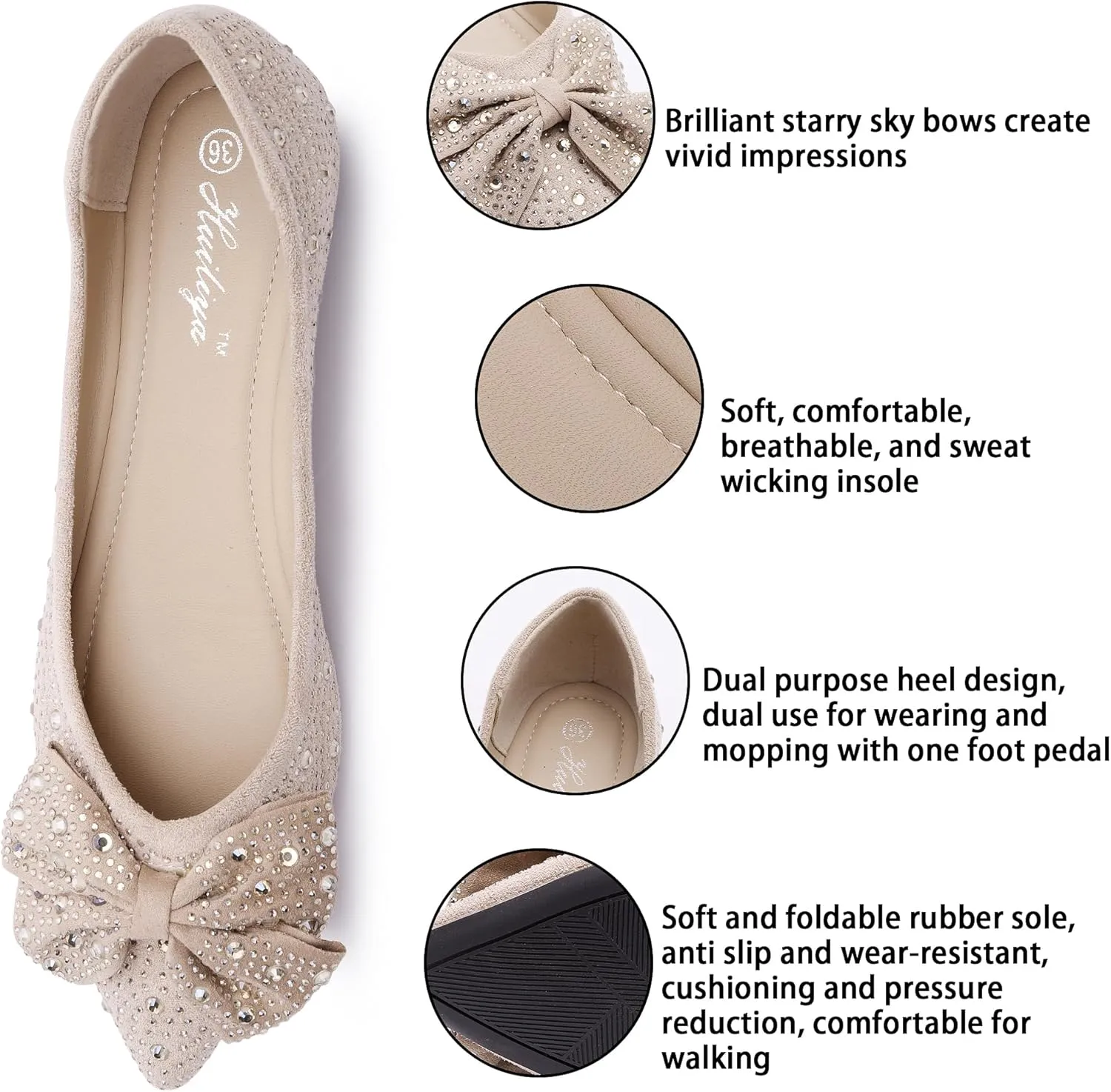 Women's Flats Rhinestone Wedding Pointed Shoes Sparkly Comfortable Slip on Flat for Dressy or Casual