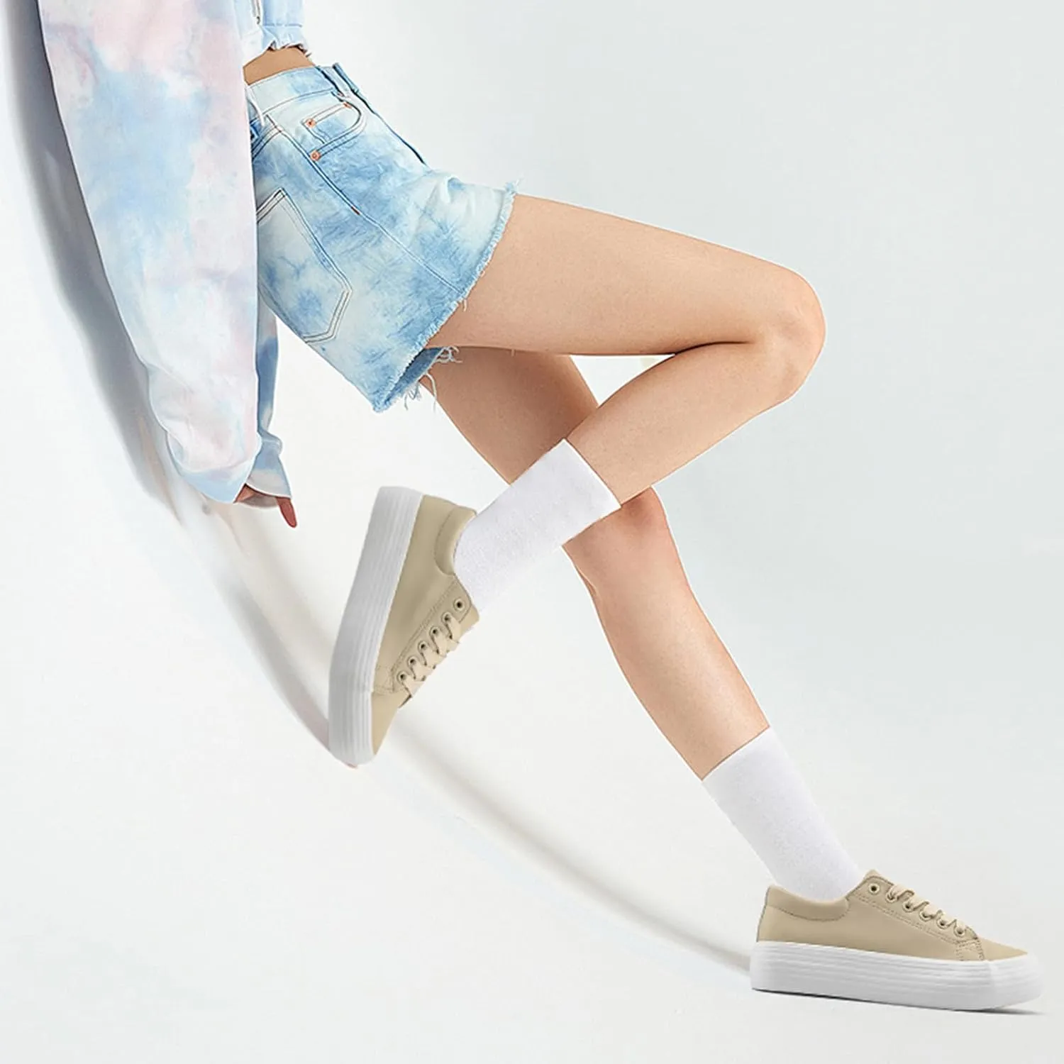 Women's High Platform Fashion Sneakers, White, Breathable, Lace Up, Tennis Shoes, Comfortable, Casual