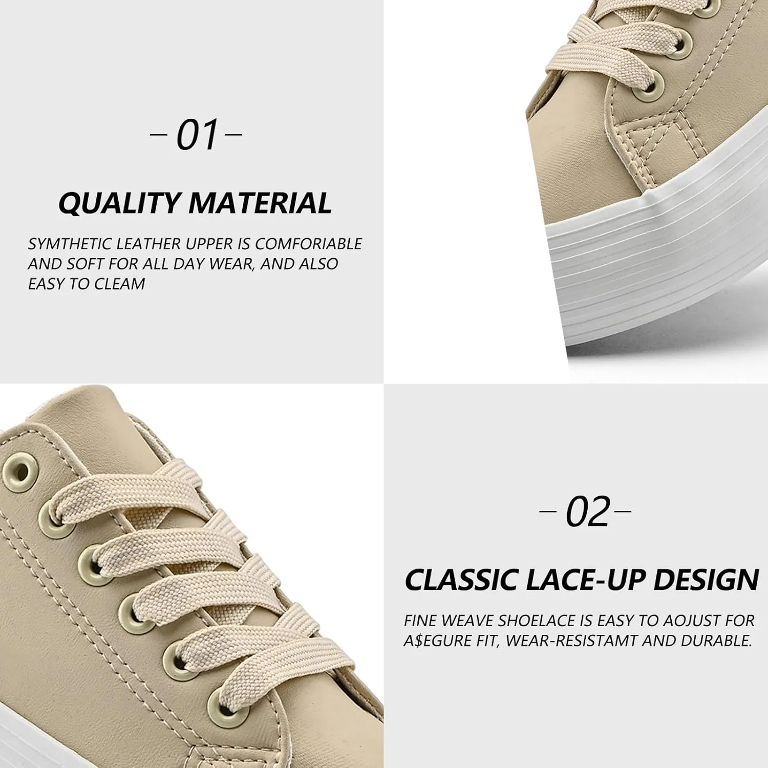Women's High Platform Fashion Sneakers, White, Breathable, Lace Up, Tennis Shoes, Comfortable, Casual