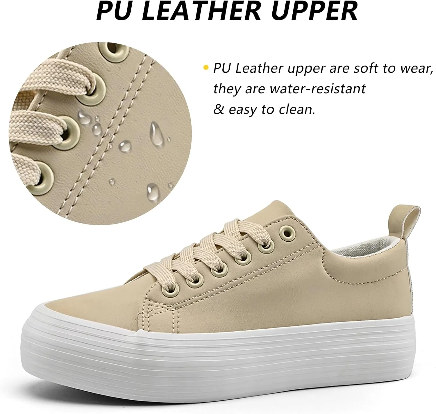Women's High Platform Fashion Sneakers, White, Breathable, Lace Up, Tennis Shoes, Comfortable, Casual
