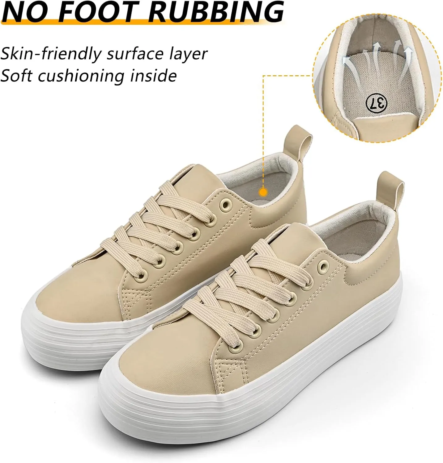Women's High Platform Fashion Sneakers, White, Breathable, Lace Up, Tennis Shoes, Comfortable, Casual