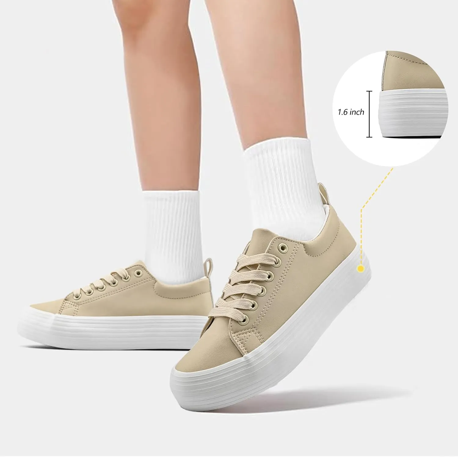 Women's High Platform Fashion Sneakers, White, Breathable, Lace Up, Tennis Shoes, Comfortable, Casual