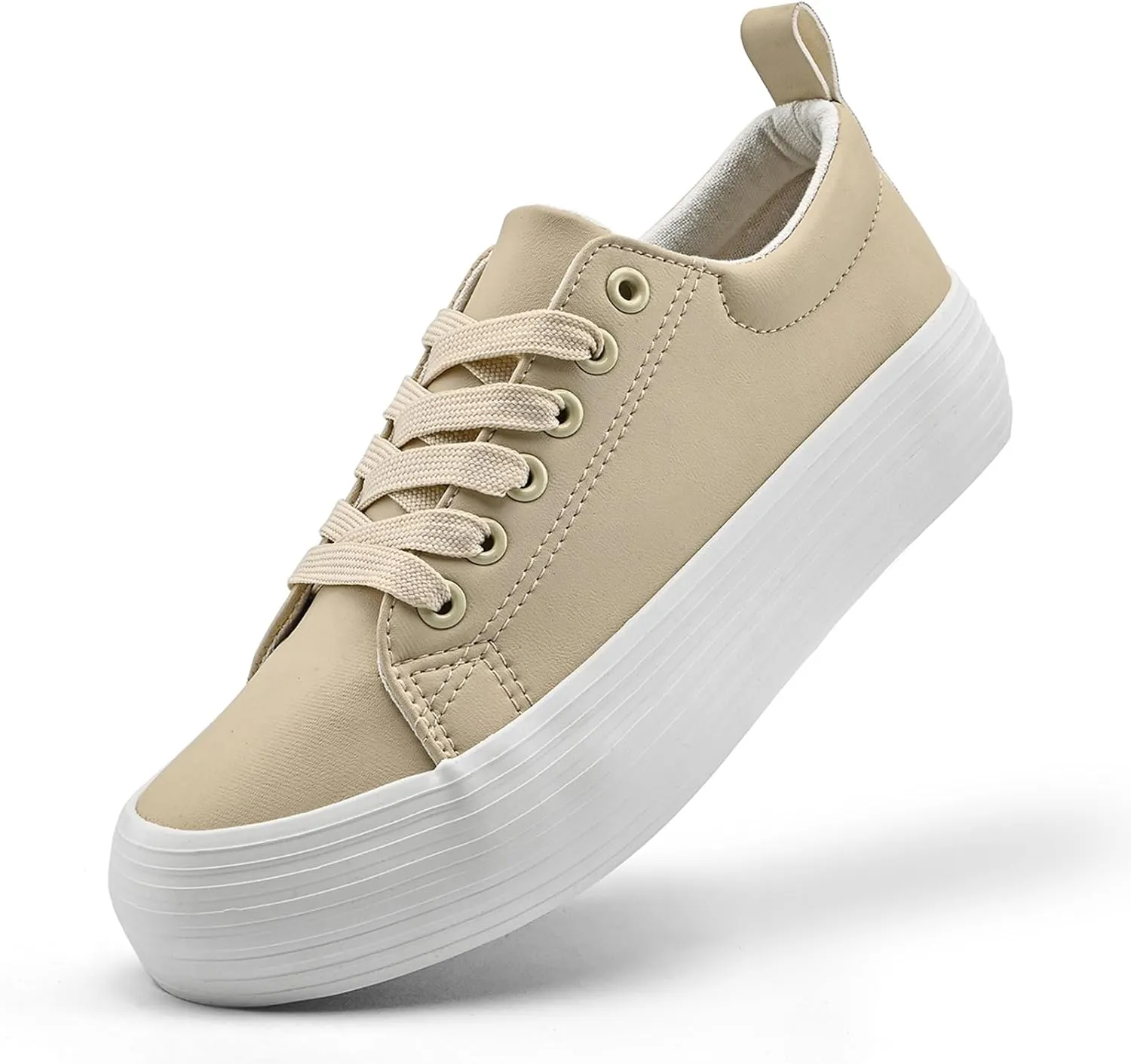 Women's High Platform Fashion Sneakers, White, Breathable, Lace Up, Tennis Shoes, Comfortable, Casual