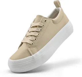 Women's High Platform Fashion Sneakers, White, Breathable, Lace Up, Tennis Shoes, Comfortable, Casual