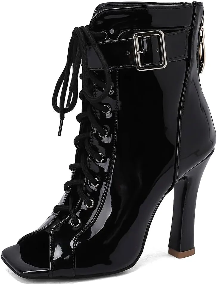 Women's JS6 Belt Lace Up Manmade Pu Low Chunky Ankle Boots & Bootie