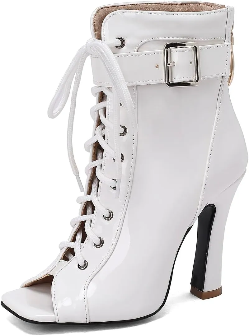 Women's JS6 Belt Lace Up Manmade Pu Low Chunky Ankle Boots & Bootie