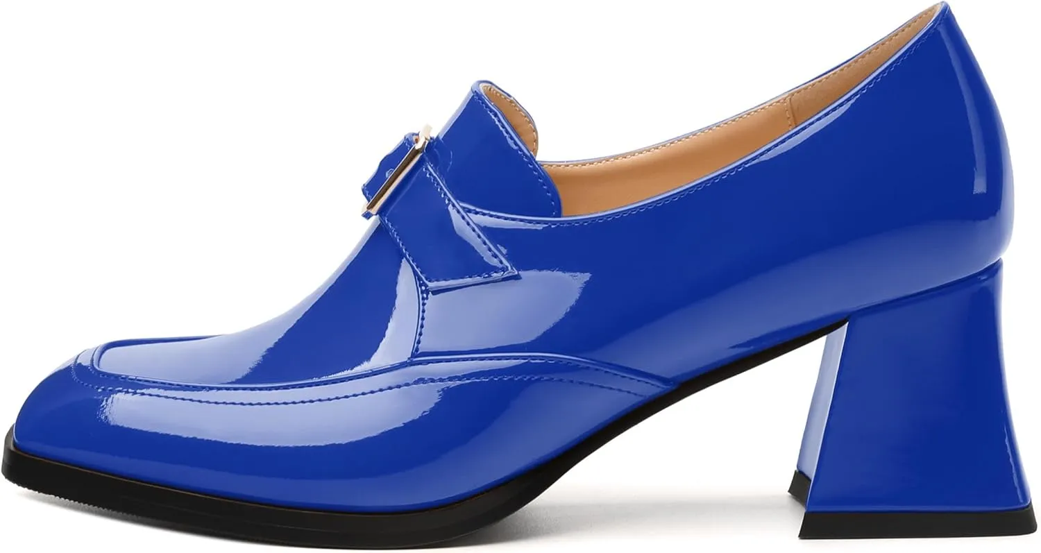 Women's Loafers with Belt Buckle, Fashion Closed Square Toe Chunky Heeled Loafer Shose Comfortable Slip On Solid Dress Shose