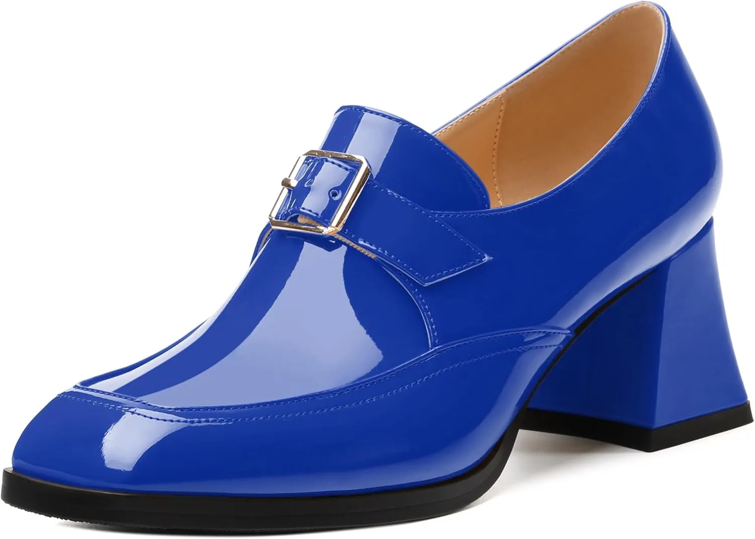 Women's Loafers with Belt Buckle, Fashion Closed Square Toe Chunky Heeled Loafer Shose Comfortable Slip On Solid Dress Shose