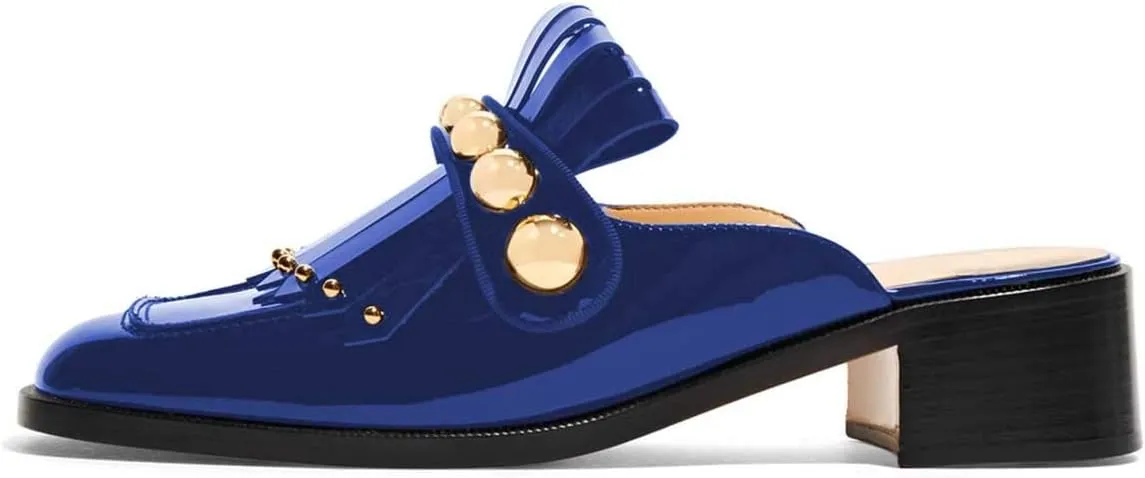 XYD Women's Chic Studs Short Low Chunky Heel Mules Tassels Square Toe Backless Casual Dress Sandals Shoes