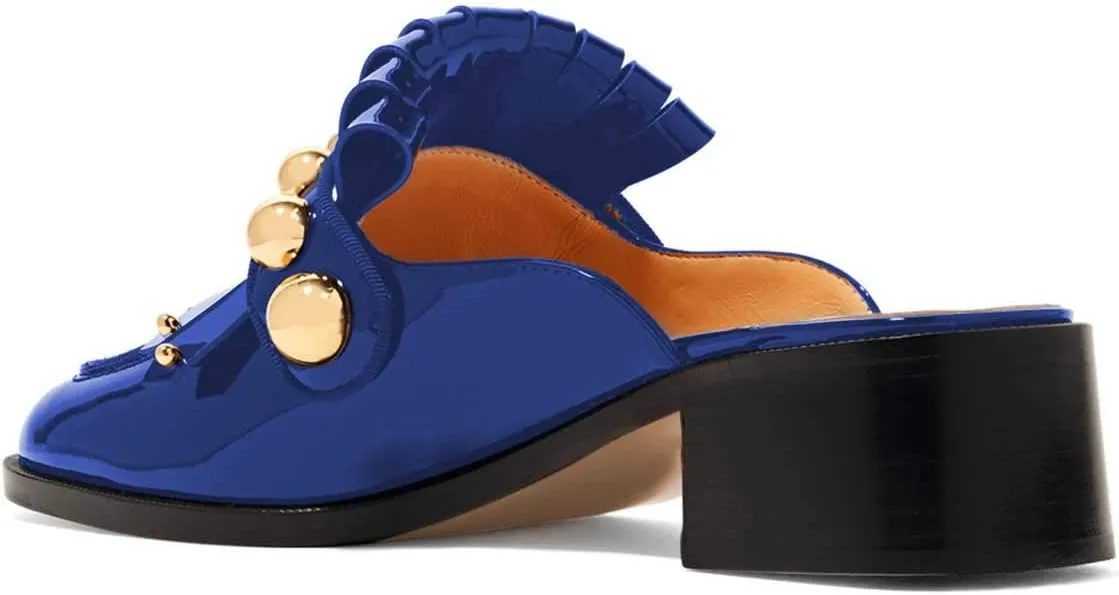XYD Women's Chic Studs Short Low Chunky Heel Mules Tassels Square Toe Backless Casual Dress Sandals Shoes