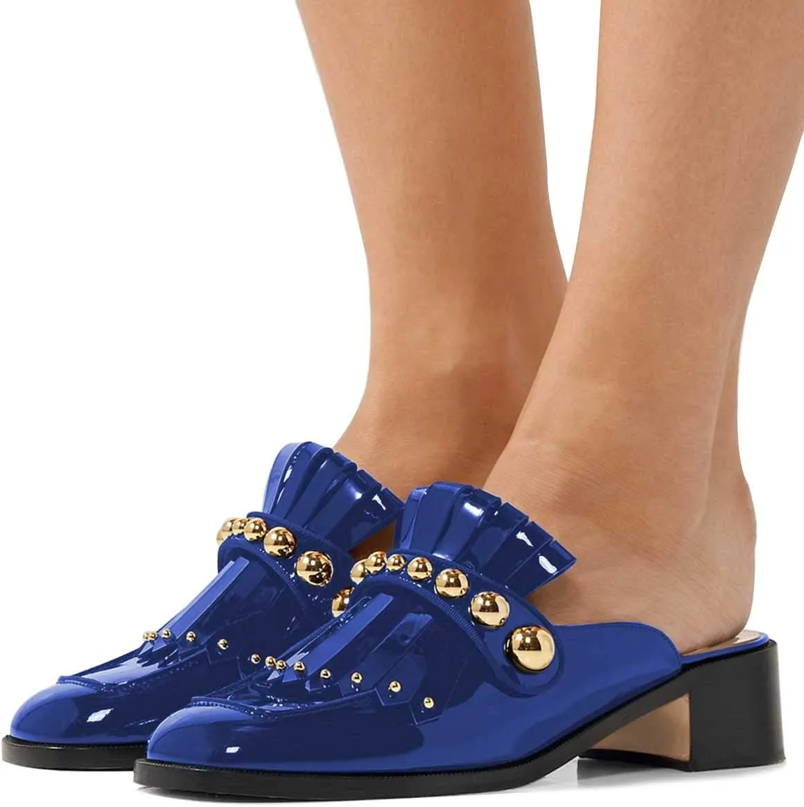 XYD Women's Chic Studs Short Low Chunky Heel Mules Tassels Square Toe Backless Casual Dress Sandals Shoes