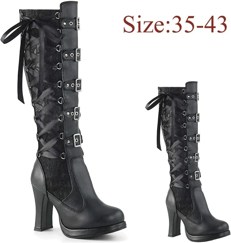 Yanzhenglip Over The Knee Boots for Women Wide Calf, Platform Thigh High Boots Knit Leather Splicing Long Boots Black Round Toe Chunky Heels Zipper Stretch Sexy Tall Boots Winter Warm Dress Boots