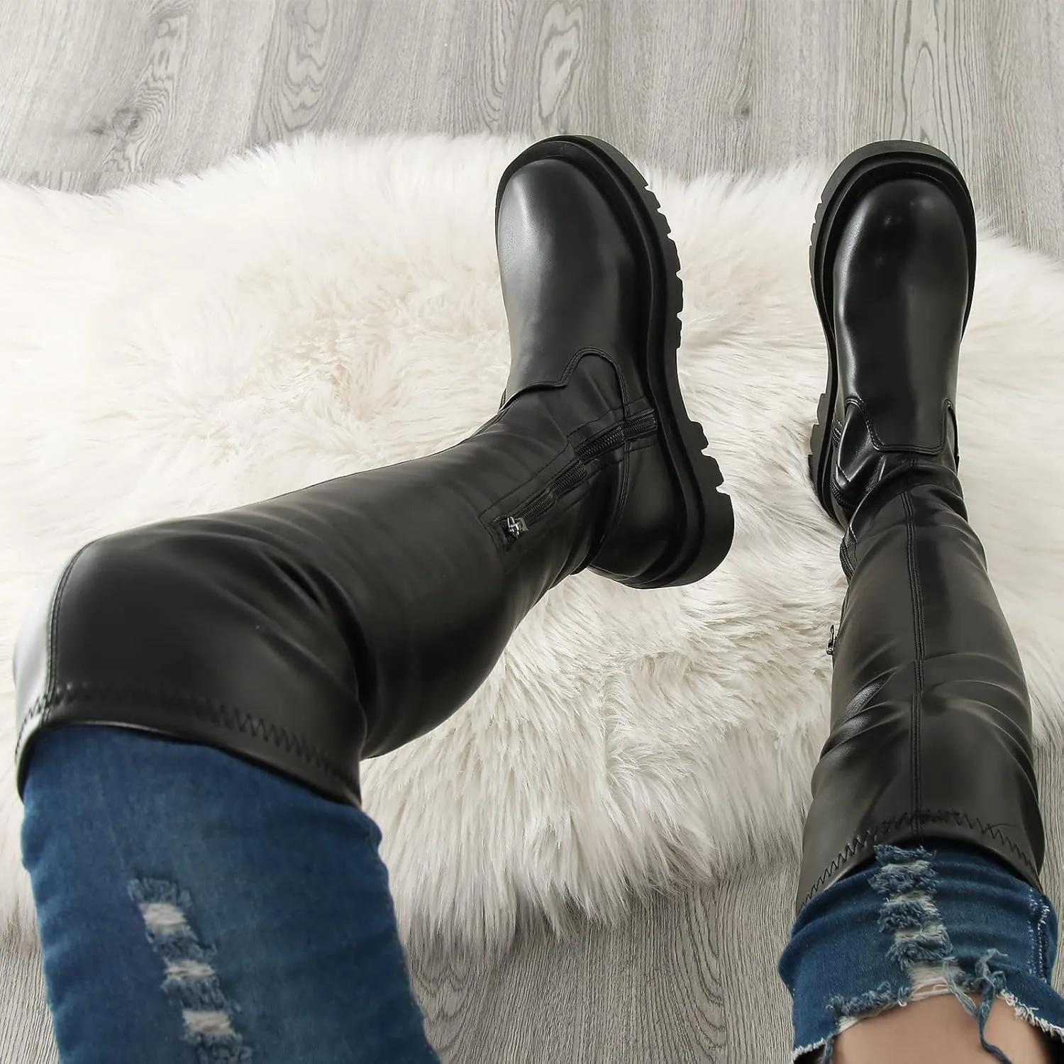 Yanzhenglip Over The Knee Boots for Women Wide Calf, Platform Thigh High Boots Knit Leather Splicing Long Boots Black Round Toe Chunky Heels Zipper Stretch Sexy Tall Boots Winter Warm Dress Boots